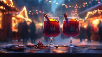 "At a Christmas market illuminated at night in December, two glasses of hot mulled spicy wine with cookies."