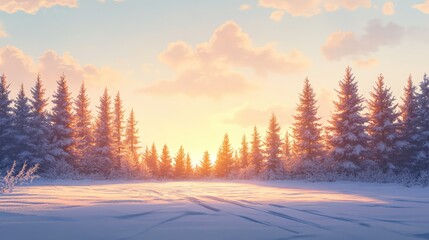 Winter Sunset Over Snowy Landscape with Frozen Trees in Saariselka