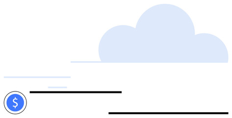 Dollar coin moves with speed lines towards a blue cloud, symbolizing efficiency in financial technology. Ideal for finance, cloud computing, innovation, mobile banking, transfer, fintech, economy