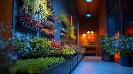 Obraz premium Vibrant indoor garden with diverse plants, warm lighting, and modern design