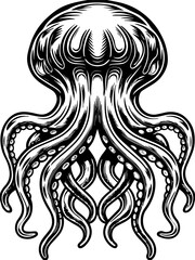 Cosmic monsters and demons, illustrated in SVG and vector format. Intricate Black and White Illustration of a Majestic Jellyfish