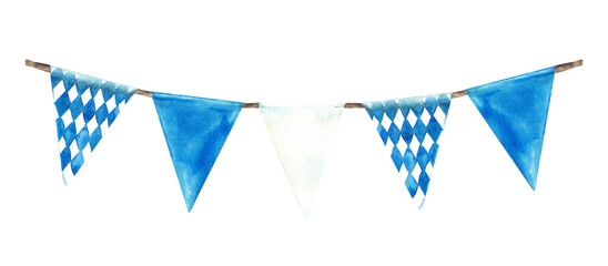 Fototapeta premium Flags on the rope Blue, rhombus and white triangular pennant set. Oktoberfest Germany festival garland. Watercolor hand painted illustration. Elements of the Bavarian flag Isolated from background