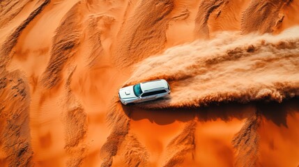 White SUV Driving Through a Vast Expanse of Golden Desert Sand Dunes