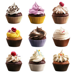 : A Grid of Nine Cupcakes with Varied Frosting Colors and Toppings, Including Red Cherries, Blueberries, Sprinkles, and Swirls, Each in a Paper Cup, Isolated on a White Background.
