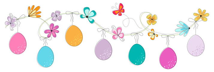 Bright easter border with colorful flowers and butterflies. Easter celebration background. Seamless spring border for card, invitation.