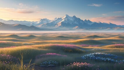 Majestic Mountain Vista: Capture the serenity of nature as your eyes gaze upon a picturesque landscape featuring rolling hills and a towering mountain range. A captivating display of the outdoors.