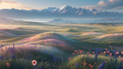 Serene Mountain Vista: A breathtaking landscape painting unfolds before the viewer, with rolling hills of wildflowers and meadows stretching toward majestic, snow-capped mountains.