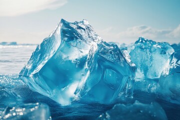 Obraz premium Crystal-clear ice cubes floating on tranquil blue waters under a brilliant sky in sunlight