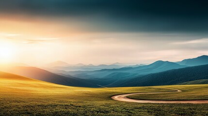 Fototapeta premium Serene Sunset Winding Road Through Rolling Hills and Mountains