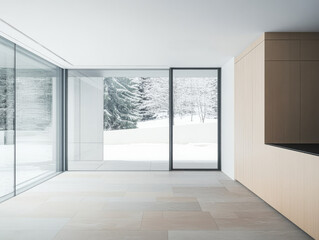 Fototapeta premium Modern interior design with winter landscape view from large glass windows