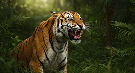 Fototapeta premium Majestic Bengal Tiger Roaring in Lush Green Jungle Habitat