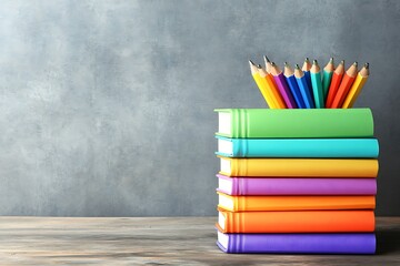 Fototapeta premium Stack of books with pencils in a classroom on a wooden table, learning, education concept
