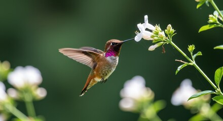 Obraz premium Vibrant hummingbird hovering near delicate white flowers in a lush garden