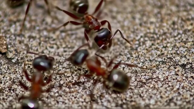 A colony of ants works together diligently, forming intricate trails as they gather food and build their nest.