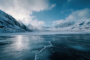 Glacial reflections in the pristine valley at dawn on a chilly winter morning