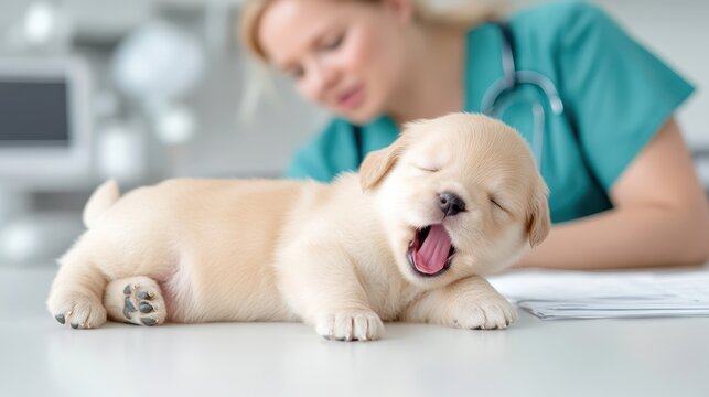 Exhausted Golden Retriever Puppy Yawns While Being Examined by Veterinarian in Clinic Setting for Health