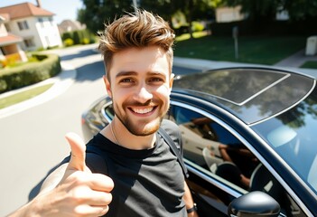 Smiling man giving thumbs up near black car on sunny day