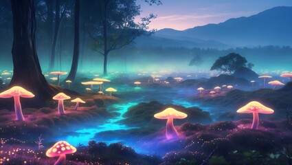 Mystical Mushroom Forest: A captivating scene unfolds in a dreamy forest, illuminated by the soft glow of vibrant, fantastical mushrooms. The tranquil stream winds its way through the landscape
