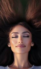 Fototapeta premium Woman with long hair relaxing outdoors while closing her eyes during a sunny day