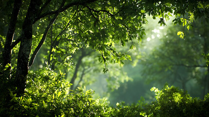 Fototapeta premium Lush Green Forest Canopy With Sunlight Shining Through Branches And Leaves Creating A Bright Atmospheric Scene