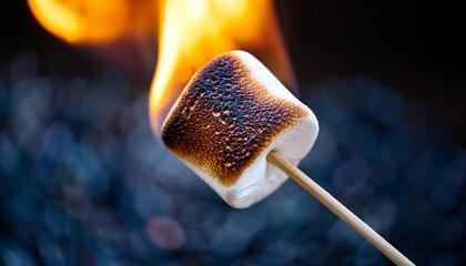 Perfectly Toasted Marshmallow on a Stick Near a Campfire During a Summer Evening Gathering
