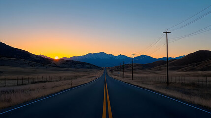 Open Asphalt Road Leading Towards Distant Mountains At Sunset Under Colorful Sky