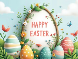 A festive Easter greeting card with colorful decorated eggs . A floral arch with blooming flowers and butterflies frames the cheerful Happy Easter message. 
