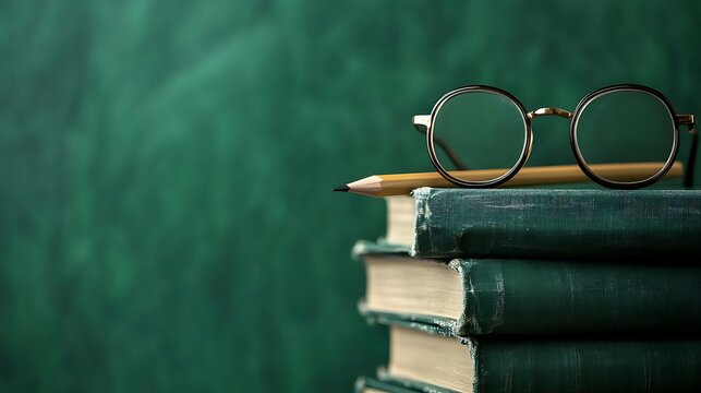 Stack of vintage books with glasses and pencil on a dark green background. Education concept