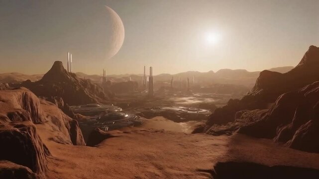 Futuristic alien landscape with rocky terrain and a distant planet under bright sunlight
