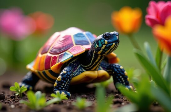 turtle with colorful shell on meadow with flowers