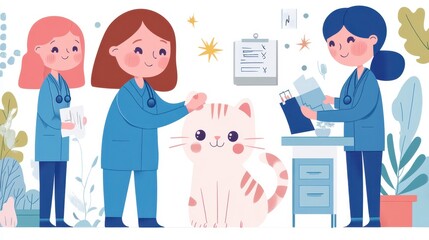 Fototapeta premium Veterinarians examining a cute kitten in a modern clinic with pastel colors and a minimalistic illustration style