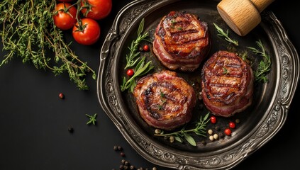 Deliciously Grilled Beef Fillets Wrapped in Bacon with Fresh Herbs and Juicy Tomatoes on a Silver Serving Platter for Culinary Presentation