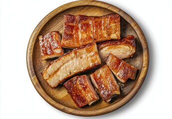 Deliciously Grilled Pork Belly Pieces Served on Round Wooden Platter with Crispy Skin and Juicy Interior for Gourmet Culinary Presentation