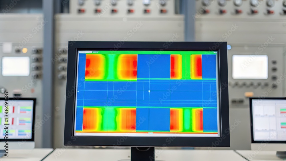 Poster manufacturing automation for productivity improvement, a monitor displays colorful data visualizatio