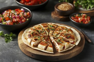 Deliciously Grilled Quesadilla Served on Wooden Board Surrounded by Fresh Pico de Gallo and Tasty Toppings in Rustic Setting