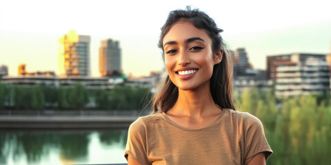 Fototapeta premium Young woman smiles confidently against a city skyline during sunset