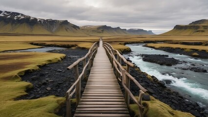 Fototapeta premium A serene landscape featuring a wooden bridge crossing a calm body of water,