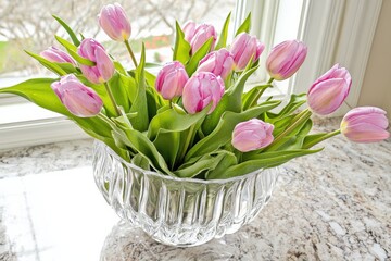 Obraz premium Fresh Tulips in Glass Vase on Marble Countertop with Soft Light