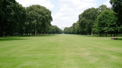 Expansive Green Lawn Surrounded by Lush Trees Under a Bright Blue Sky in Daylight