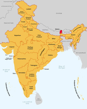Sikkim state map, India. Editable Vector map silhouette illustration isolated at India, highlighted at West Sikkim state, with state name, border, and Gangtok capital city.