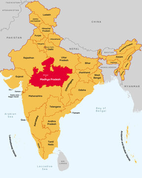 Madhya Pradesh state map, India. Editable Vector map silhouette illustration isolated at India, highlighted at Madhya Pradesh state, with state name, border, and Bhopal capital city.