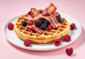 Deliciously Sweet Waffle Topped with Crispy Bacon and Fresh Berries on a Pink Background for a Perfect Breakfast Delight
