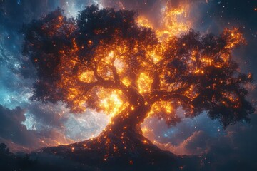 Obraz premium cosmic tree of life merging with nebula clouds branches extending into spiral galaxies with fractal patterns and bioluminescent details