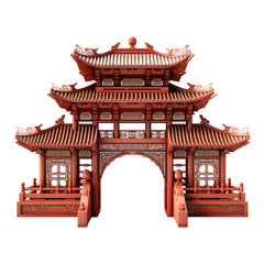Ornate Red Chinese Style Gate Pavilion 3D Render Architectural Design