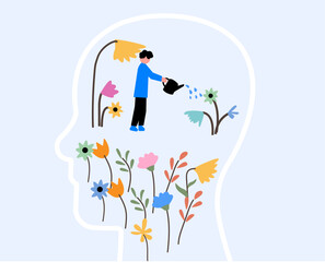 Person watering flower plant inside human shape area, conceptual illustration of wellness and self care
