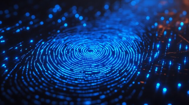 Futuristic digital fingerprint pattern illuminated with neon blue light effect