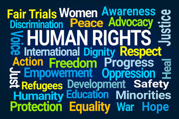Human Rights Word Cloud on Blue Background