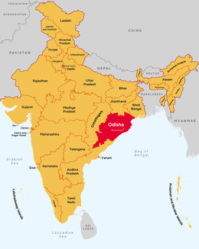 Odisha Orissa state map, India. Editable Vector map silhouette illustration isolated at India, highlighted at West Odisha Orissa state, with state name, border, and Bhubaneswar capital city.