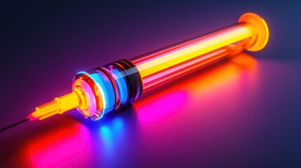 An illuminated syringe with gradients and neon lighting shines bright