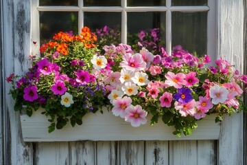 Fototapeta premium cottage garden window box overflowing with vibrant flowers against weathered white fence in morning light